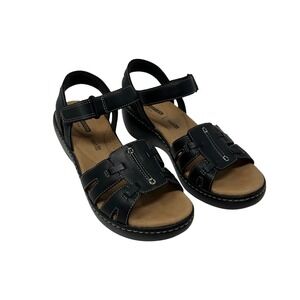 Clarks Collection Black Leather Wedge Sandals Cushion Soft 7.5 M 261314944050
